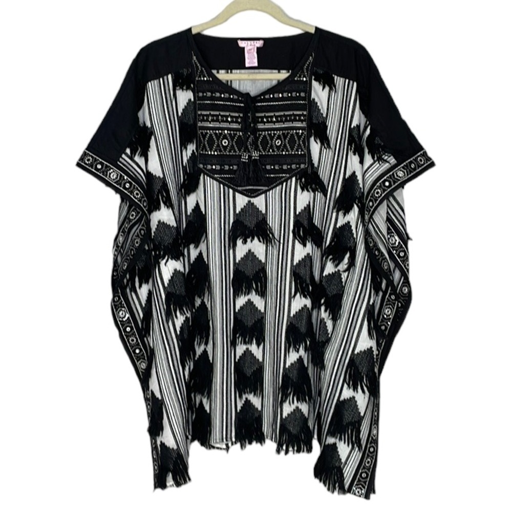 CALYPSO ST BARTH BOHO AZTEC STYLE SWIM COVERUP / PONCHO BLACK AND WHITE w/ BLING